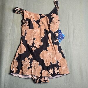 Vintage Floral Swimdress One Piece Swimsuit Black Tan Hibiscus Tropical